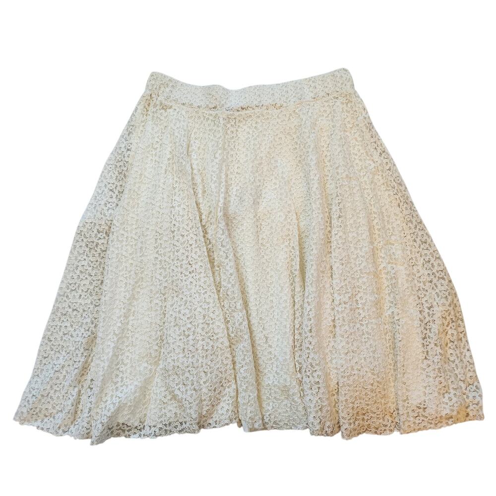 SJS Womens Lace Skirt Size M Ivory Pull On Pleated Swing Lined Knee Length